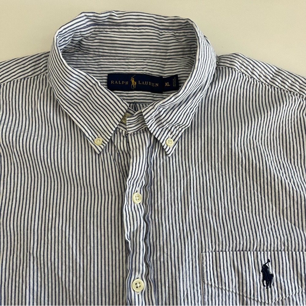 Ralph Lauren Men’s Seersucker Striped Short Sleeve Button Down XL blue white
